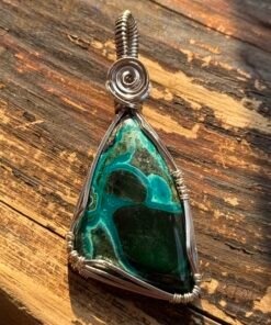 Natural Chrysocolla Malachite Pendant – Titanium Wire Wrapped – Handmade in the Hoh Rainforest