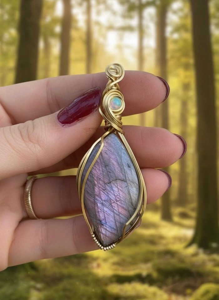 Ethereal Glow" Labradorite & Opal Gold-Wire Pendant