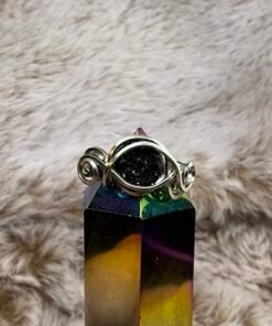 ✨ Gaze into the Cosmos: Black Druzy Quartz & Silver Ring Size 4 🌌
